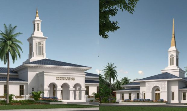Renderings of the Pago Pago American Samoa Temple (left) and the Neiafu Tonga Temple (right). (Inte...