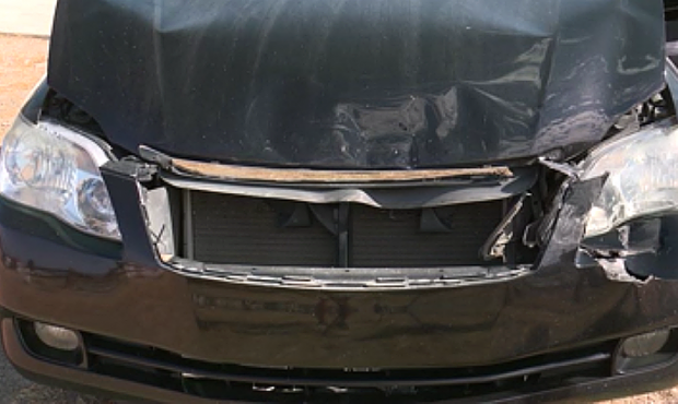 The front end of the road rage victim's car was smashed in. (KSL TV)...