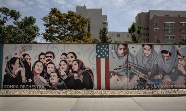 FILE: Murals are seen along the walls at a quiet U.S. embassy on July 30, 2021, in Kabul, Afghanist...