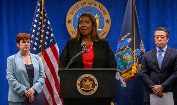 New York Attorney General Letitia James (C) and Independent investigators Anne L. Clark (L) and Joo...
