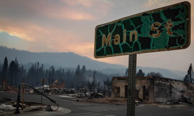 The sign for Main Street survived the Dixie Fire on on August 8, 2021 in GREENVILLE, California. On...