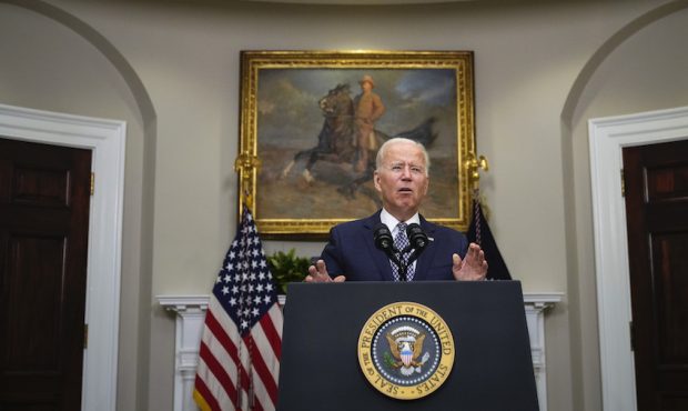 President Joe Biden speaks about the situation in Afghanistan in the Roosevelt Room of the White Ho...
