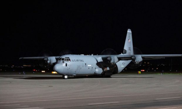 A US Air Force cargo plane arrives to the special terminal at the Pristina International Airport wi...