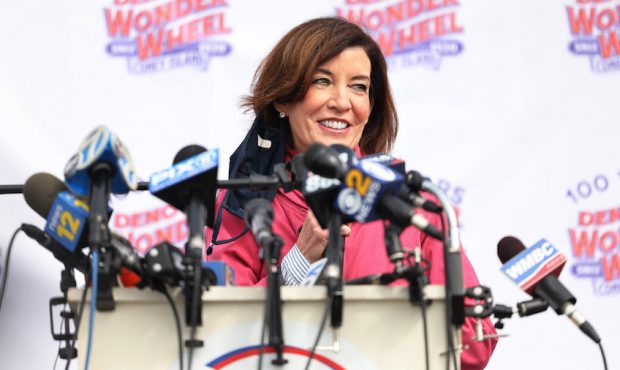 NY Lieutenant Governor Kathy Hochul speaks during a Coney Island parks reopening event in the Coney...