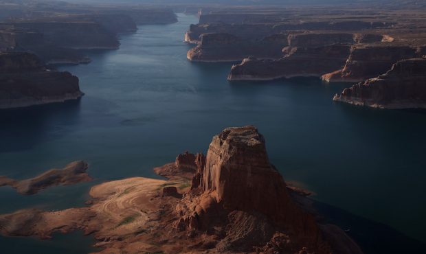 In this aerial view, low water levels are visible at Lake Powell on June 24, 2021 in Lake Powell, U...