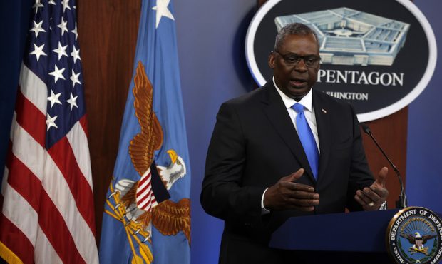 FILE: U.S. Secretary of Defense Lloyd Austin speaks during a news briefing at the Pentagon July 21,...