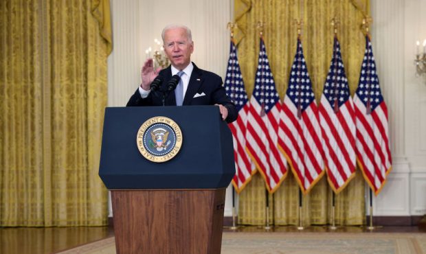 U.S. President Joe Biden delivers remarks on the worsening crisis in Afghanistan from the East Room...