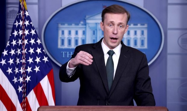 White House National Security Advisor Jake Sullivan gestures as he speaks at a press conference in ...