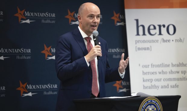 Gov. Spencer Cox speaks during a COVID-19 briefing at the Women’s Pavilion at St. Mark’s Hospit...