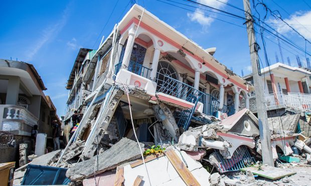 A view shows houses destroyed following a 7.2 magnitude earthquake in Les Cayes, Haiti, on August 1...