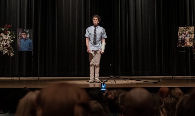 Evan Hansen (Ben Platt) stands in front of his fellow classmates to eulogize Connor Murphy in Unive...