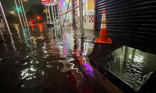 Rainfall from Hurricane Ida flood the basement of a Kennedy Fried Chicken fast food restaurant on S...