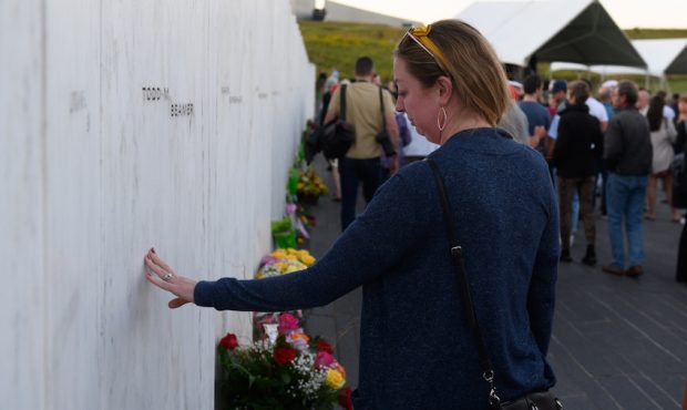 Jennilee Miller pays respect to victim Todd Beamer at the Wall of Names at the Flight 93 National M...