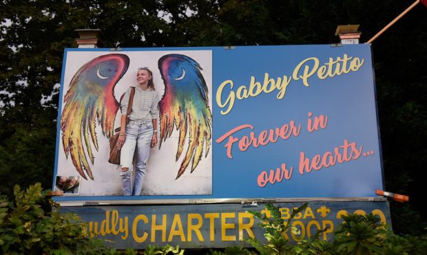 A sign honors the death of Gabby Petito on September 24, 2021 in Blue Point, New York. Gabby Petito...