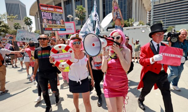 Protesters attend a #FreeBritney Rally at Stanley Mosk Courthouse on July 14, 2021 in Los Angeles, ...