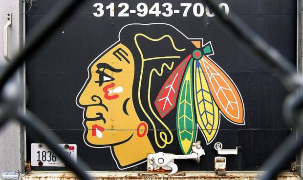 CHICAGO - FEBRUARY 16: Blackhawk's ticket information and team logo are seen on the back of a truck...