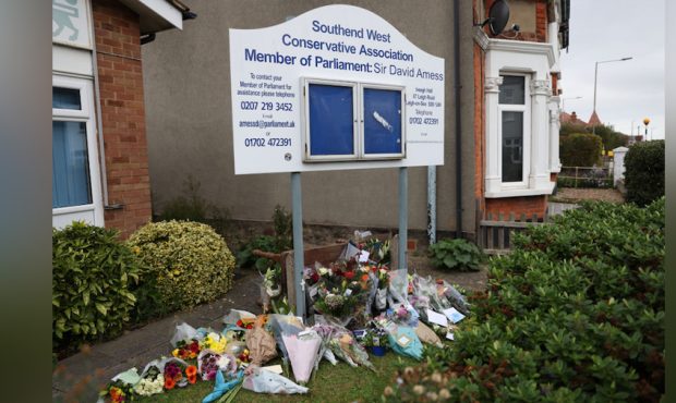Floral tributes laid outside Southend West Conservative Association on October 16, 2021 in Leigh-on...