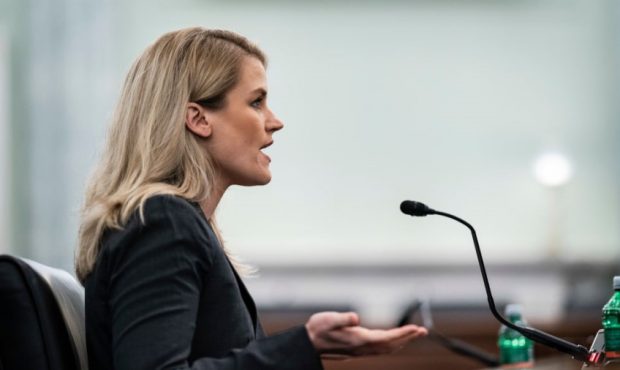 Former Facebook employee and whistleblower Frances Haugen testifies during a Senate Committee on Co...