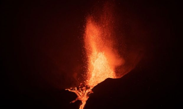 LA PALMA, SPAIN - OCTOBER 10: Lava flows after the collapse of a part of the cone of the Cumbre Vie...