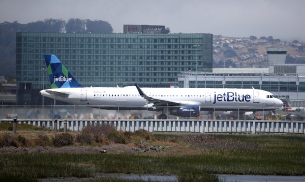 A JetBlue Airways plane takes off from San Francisco International Airport on July 28, 2020, in San...