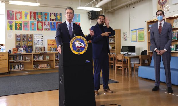California Gov. Gavin Newsom speaks during a news conference after meeting with students at James D...