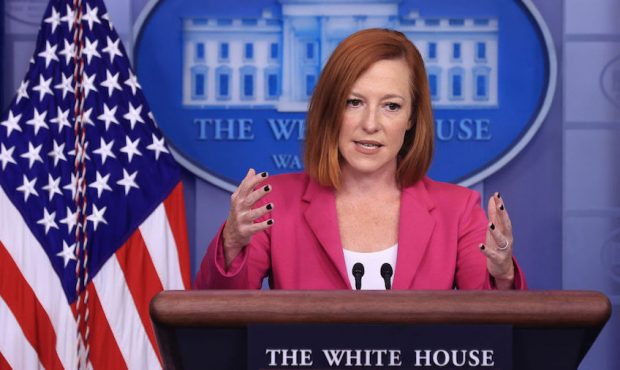 White House Press Secretary Jen Psaki talks to reporters in the Brady Press Briefing Room at the Wh...