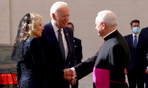 President Joe Biden and First lady Jill Biden are received by Msgr Leonardo Sapienza, Regent of the...