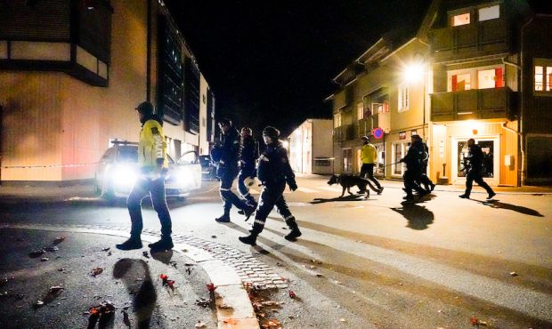 Police at the scene after an attack in Kongsberg, Norway, Wednesday, Oct. 13, 2021. Several people ...