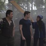 Don Lee, Richard Madden and director Chloé Zhao behind the scenes of Marvel Studios' ETERNALS. Photo by Sophie Mutevelian. ©Marvel Studios 2021. All Rights Reserved.