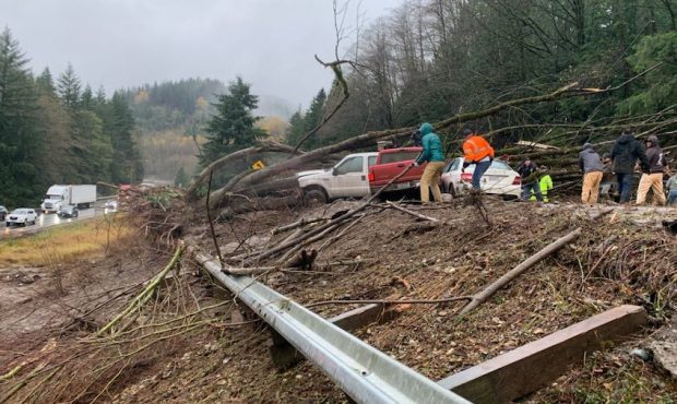 A mudslide blocks northbound I-5 in Washington after heavy rain and wind hit the area. (Washington ...