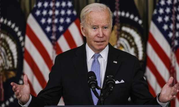 President Joe Biden speaks during a press conference in the State Dinning Room at the White House o...