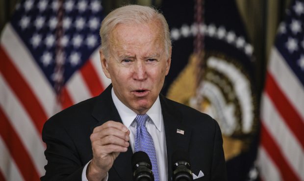 President Joe Biden speaks during a press conference in the State Dinning Room at the White House o...