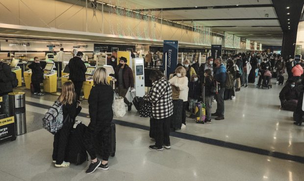 Travelers wait at check-in stations at the Detroit Metropolitan Wayne County Airport on November 21...