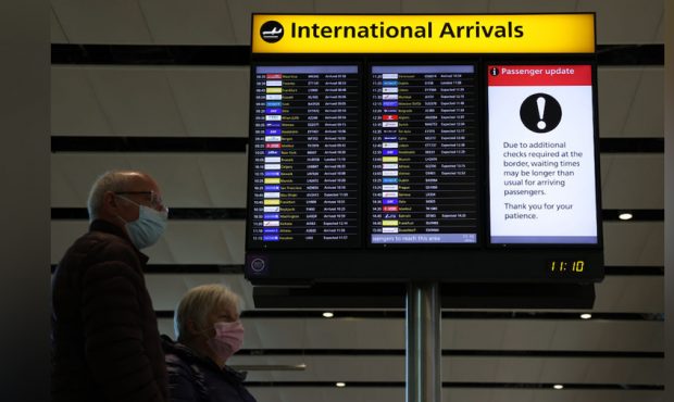 International arrival times displayed at Heathrow Terminal 2 on November 28, 2021 in London, Englan...