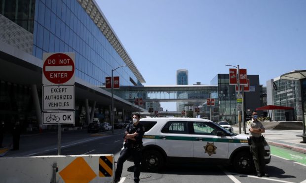 File photo: SAN FRANCISCO, CALIFORNIA  - APRIL 13:  Police and sheriff's deputies block Howard Stre...