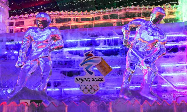 FILE: The logos of the 2022 Beijing Winter Olympics are seen at the venue of Yanqing Ice Festival o...