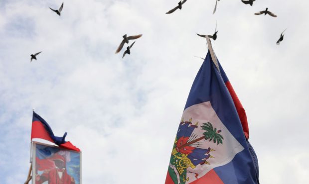 FILE: NEW YORK, NEW YORK - AUGUST 16: Pigeons fly in the air over a Haitian flag and Toussaint Louv...