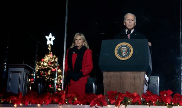 U.S. President Joe Biden delivers remarks as first lady Jill Biden looks on at the 2021 National Ch...