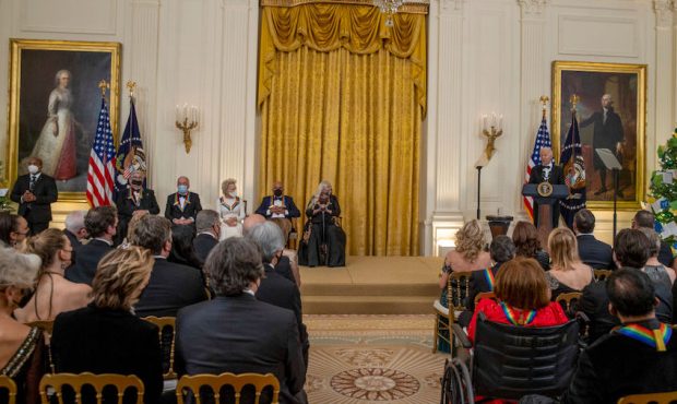 U.S. President Joe Biden speaks to guests and Kennedy Center Honorees in the East Room at the White...
