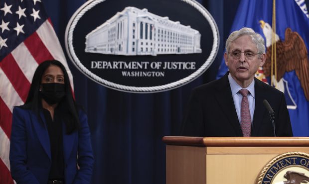 Attorney General Merrick B. Garland speaks at a press conference at the Department of Justice on ...