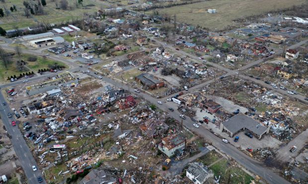 An aerial view of homes and business destroyed by a tornado on December 11, 2021 in Mayfield, Kentu...