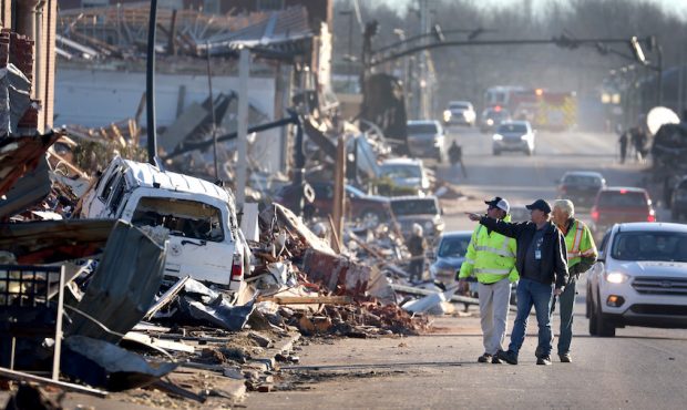 Homes and business are reduced to rubble after a tornado ripped through the area two days prior, on...