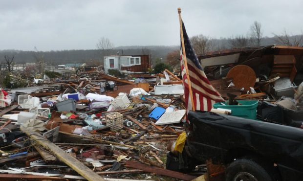 Homes destroyed during last week's tornado continue to litter the landscape on December 16, 2021 in...
