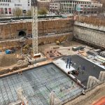 Preparation of the steel mat for the concrete pour that will form the foundation of the new floors of the temple during the Temple Square renovation project, Salt Lake City, December 6, 2021. (The Church of Jesus Christ of Latter-day Saints)