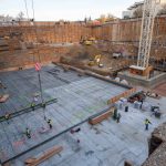 Workers lay a steel mat in preparation for the largest concrete pour of the Temple Square renovation project, Salt Lake City, December 1, 2021. (The Church of Jesus Christ of Latter-day Saints)