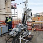 One of two drills positioned on the roof of the Salt Lake Temple used to drill inside the tower and wall columns where post-tension cables are inserted and anchored into the foundation (80 feet or 24 meters below), Salt Lake City, December 2021. (The Church of Jesus Christ of Latter-day Saints)