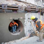 Crew members move large pipes through the seismic strengthening process of jack and bore under the existing footings of the Salt Lake Temple during the Temple Square renovation project, Salt Lake City, December 2021. (The Church of Jesus Christ of Latter-day Saints)