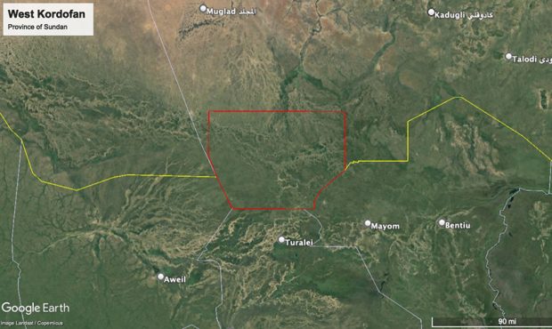 The West Kordofan province of Sundan where a mine collapsed, killing dozens. (Google Earth Pro)...