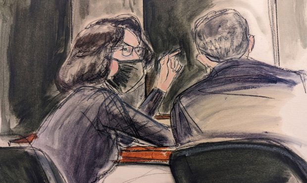 In this sketch, Ghislaine Maxwell, seated left speaks to her defense attorney Christian Everdell pr...