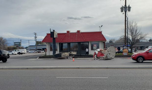 The KFC chicken bucket sign fell at 4700 South Redwood Road in Taylorsville. (Used by permission, L...